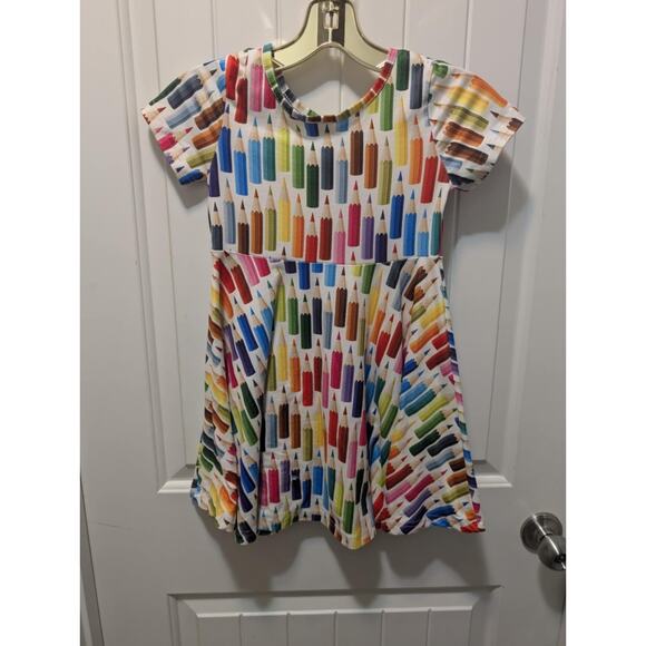 Polyester Rainbow Pencil Print Cap Sleeves Twirl Dress Girls L School - Picture 4 of 6